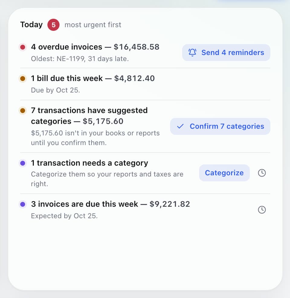 Today list: overdue invoices, a bill due and suggested categories