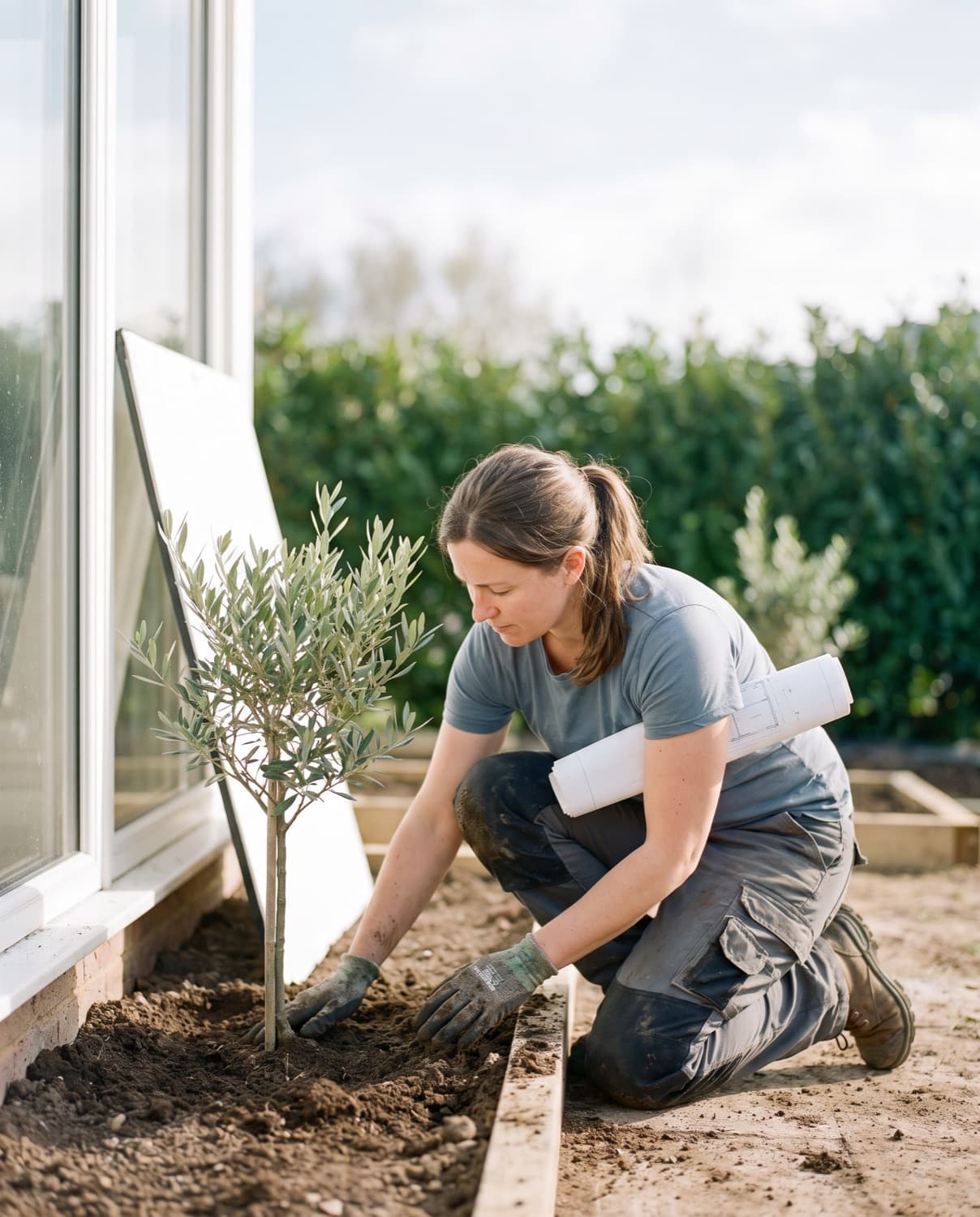 A landscape designer planting an olive tree