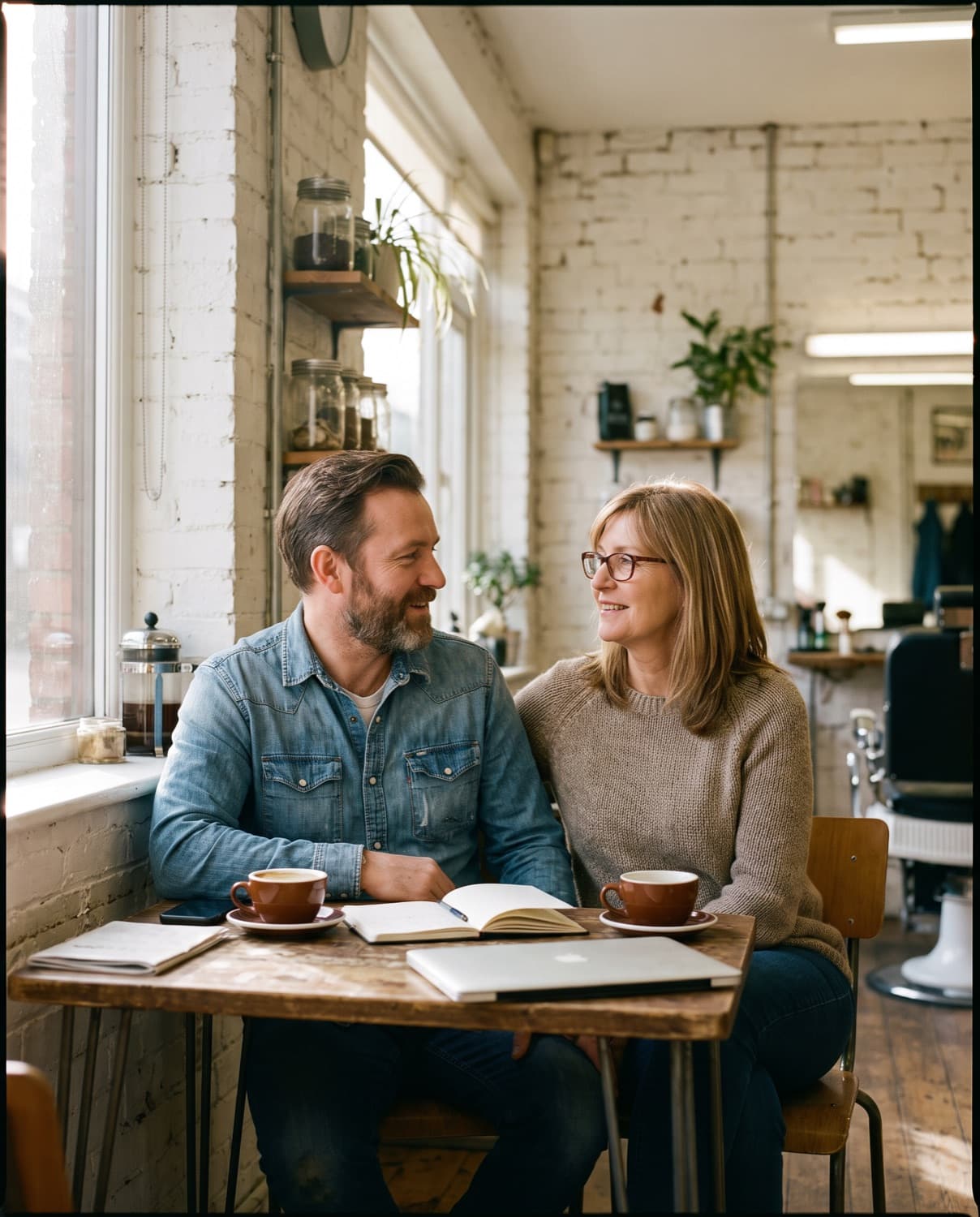 A barbershop owner and his bookkeeper at a table